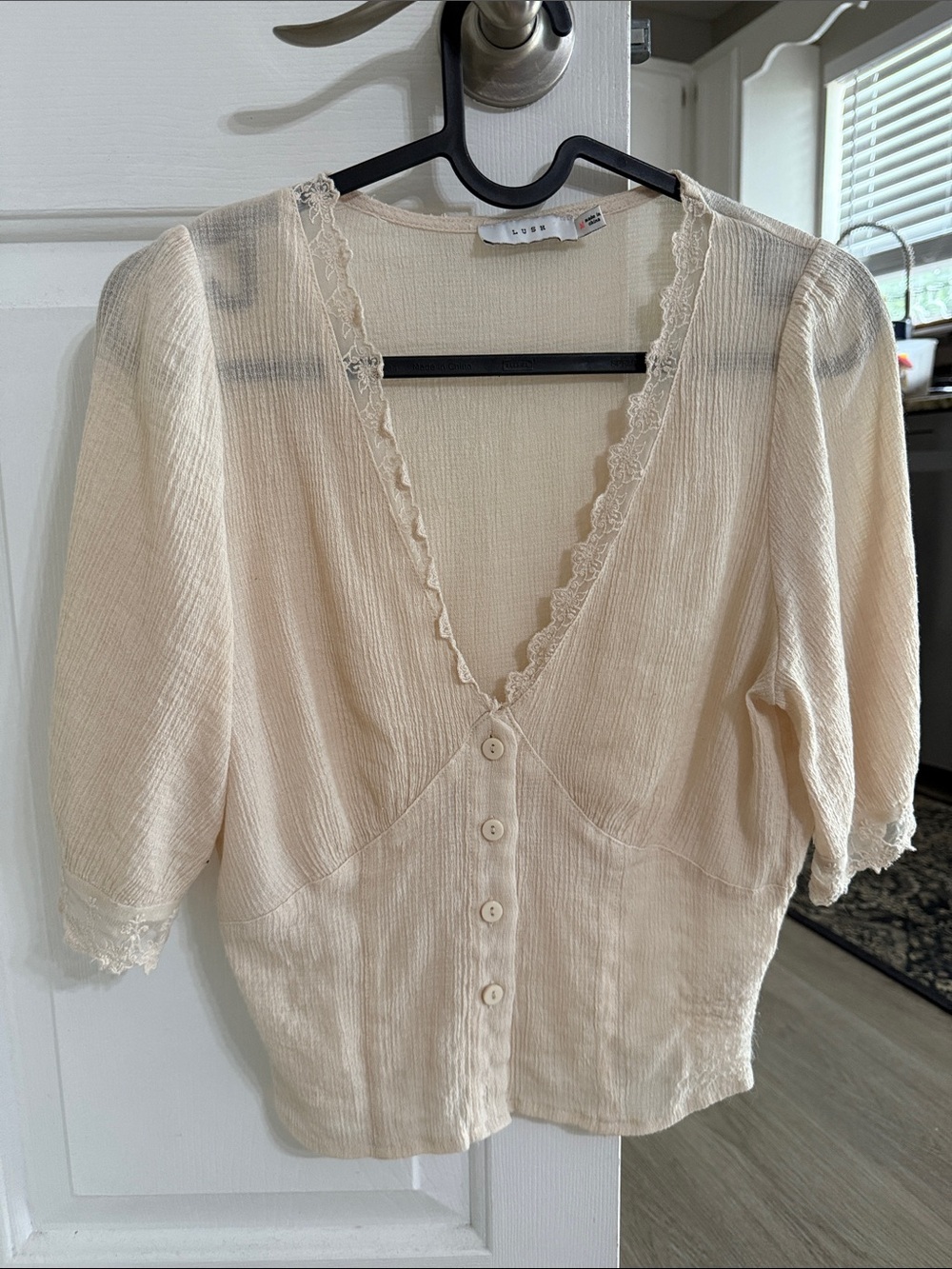 Lush Cream Lace-Trim Button Down Blouse